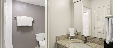 A bathroom with a toilet, sink, and mirror.