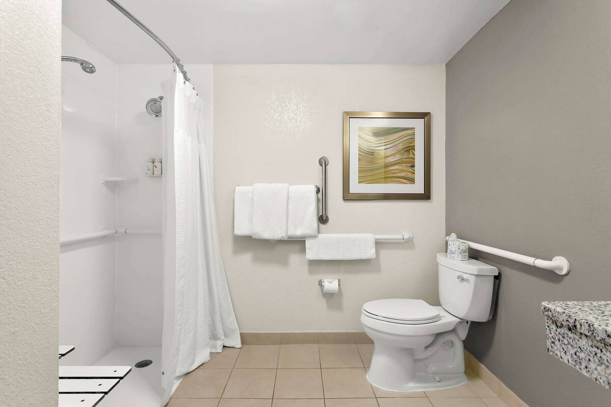 Ein Badezimmer mit Dusche, Toilette und einem gerahmten abstrakten Kunstwerk an der Wand.