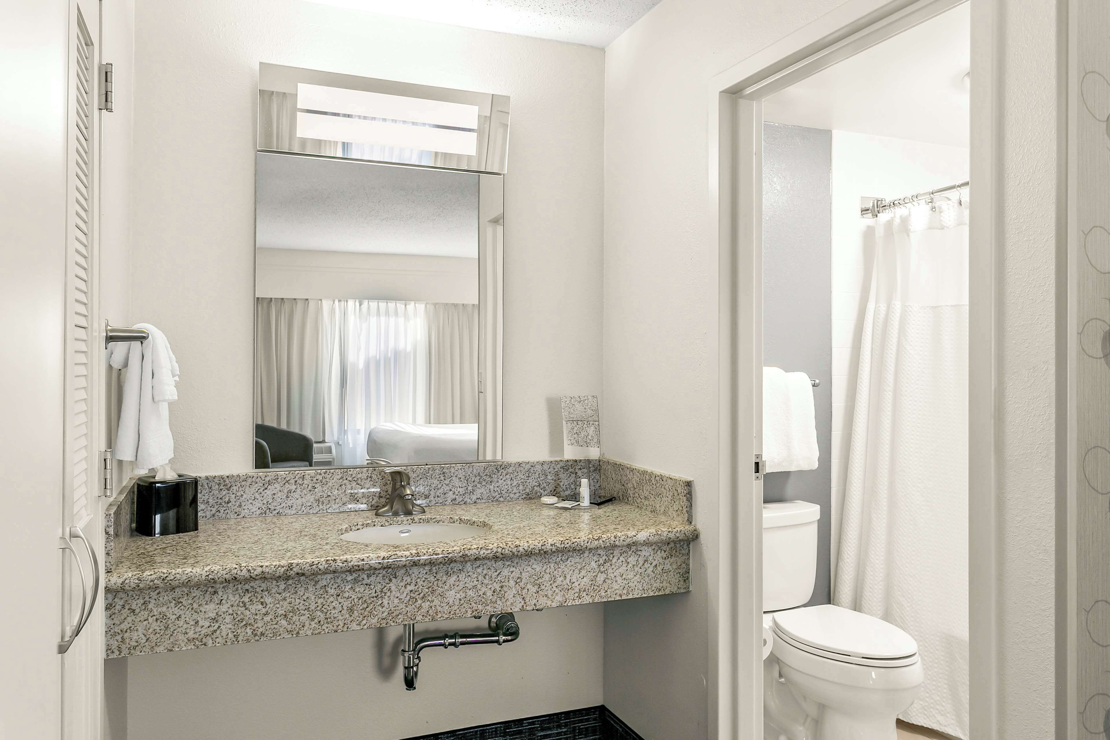 combined shower/bathtub, free toiletries, hair dryer, towels