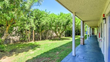 Un espacio al aire libre cubierto con un camino que lleva a un edificio, rodeado de árboles.
