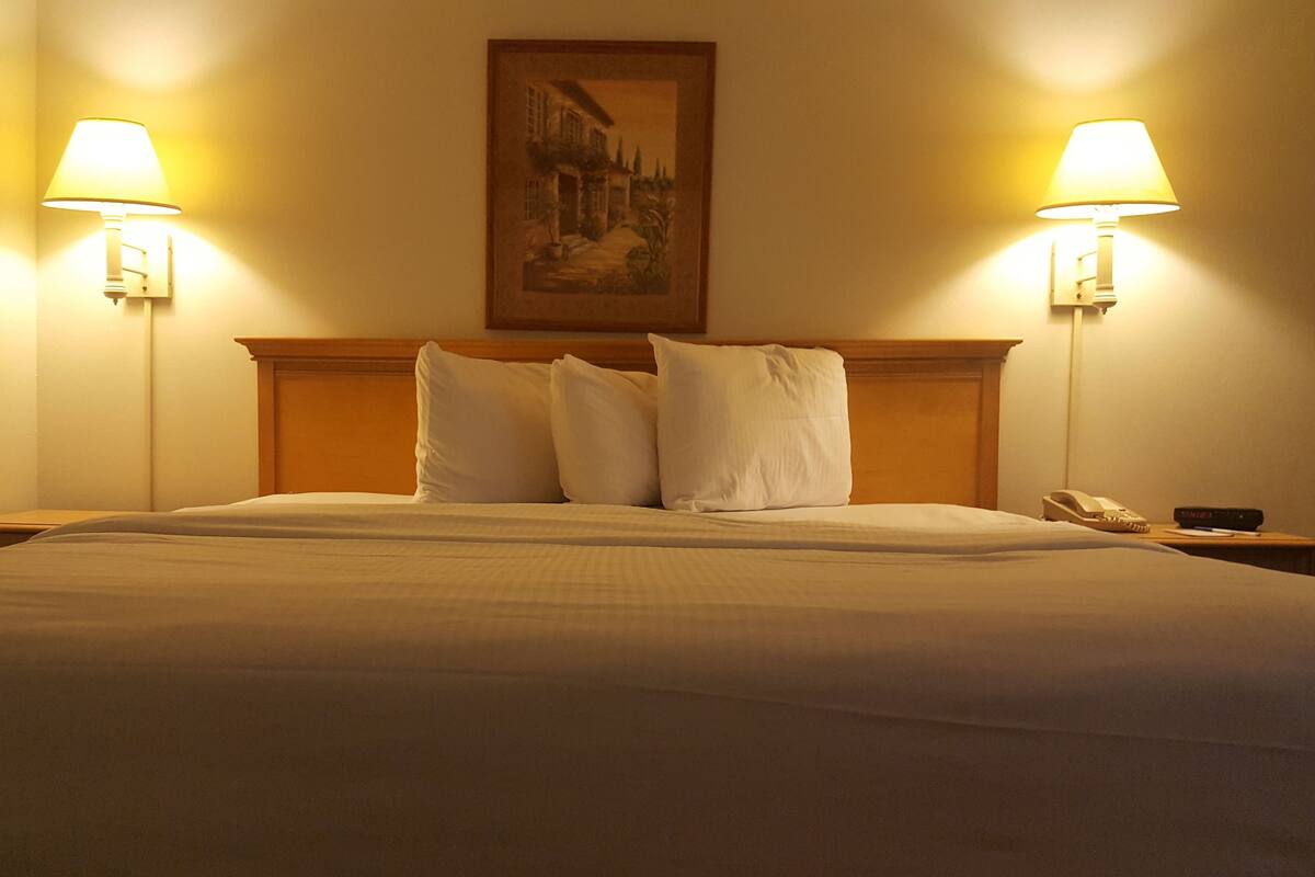 A hotel room with a large bed, two bedside lamps, a painting on the wall, and a nightstand with a phone and remote control.