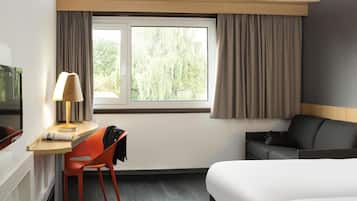 Desk, blackout drapes, soundproofing, iron/ironing board