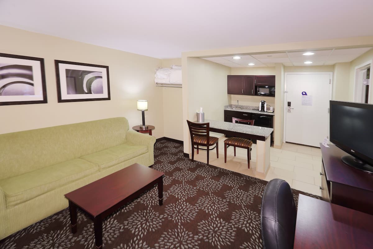 A hotel room with a green sofa, a wooden coffee table, a TV, a kitchen area with a microwave, and a patterned carpet.