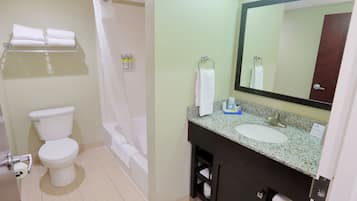 A bathroom with a toilet, a sink, a mirror, and a shower.