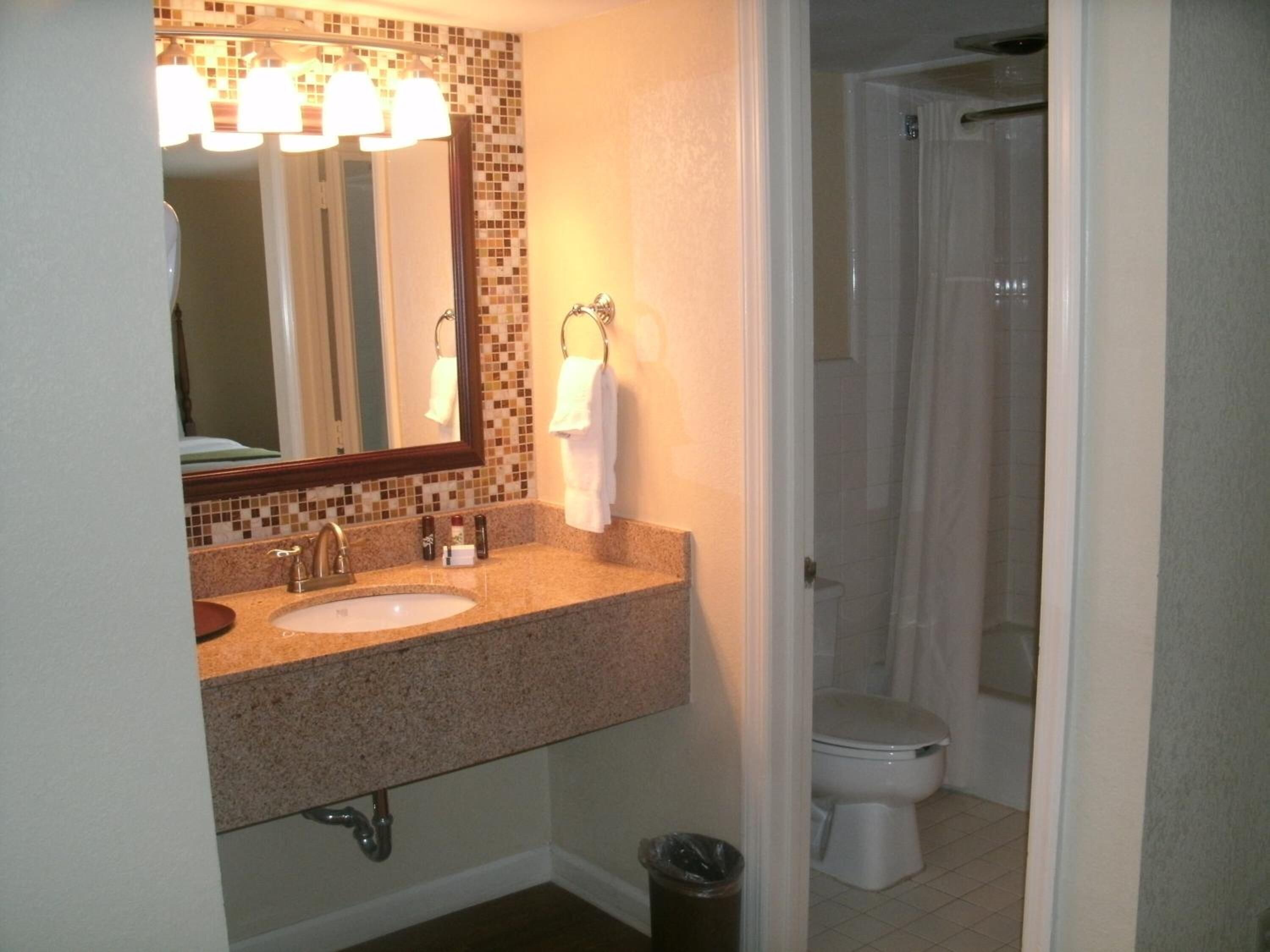 combined shower/bathtub, hair dryer, towels