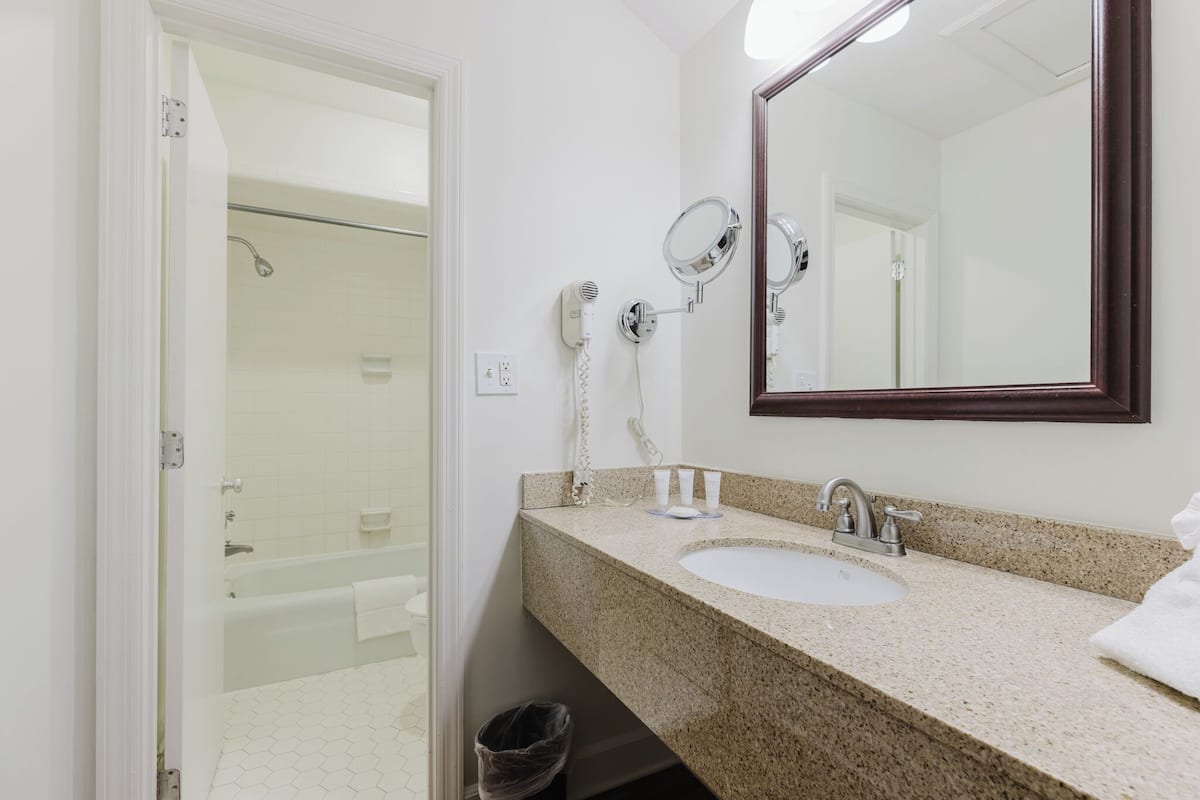 luxury suite | bathroom | combined shower/bathtub, hair dryer, towels