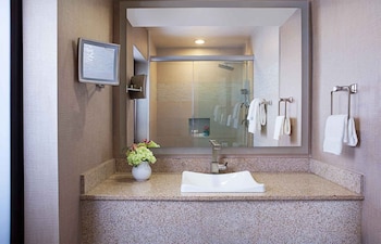 Bathtub, designer toiletries, hair dryer, bathrobes at E-Central Downtown Los Angeles Hotel