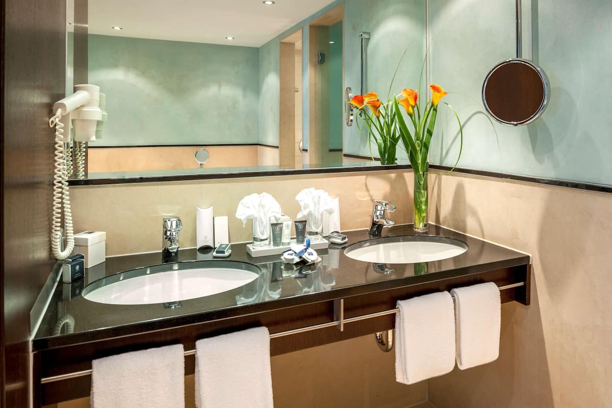 free toiletries, hair dryer, towels