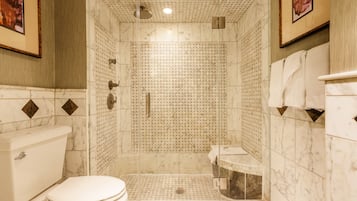 A modern bathroom with a glass-enclosed shower, a toilet, and a sink.