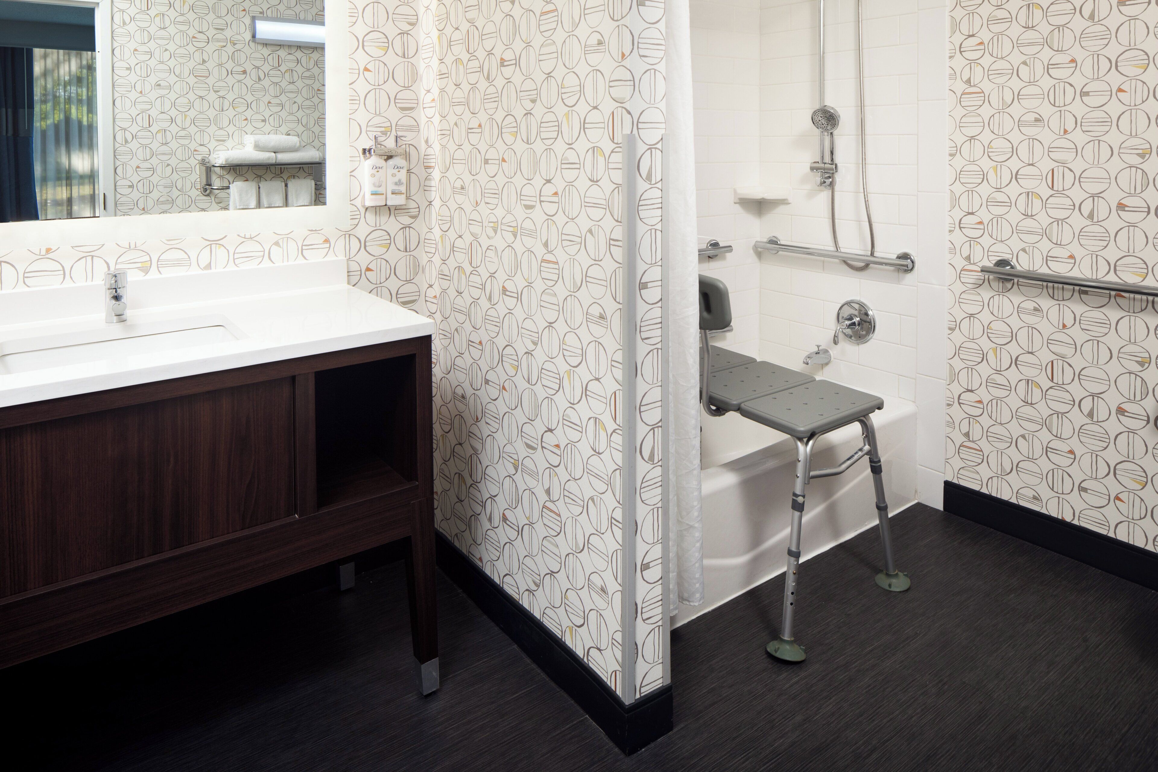 suite, 1 king bed, accessible (mobility, accessible tub) | bathroom | combined shower/bathtub, designer toiletries, hair dryer, towels