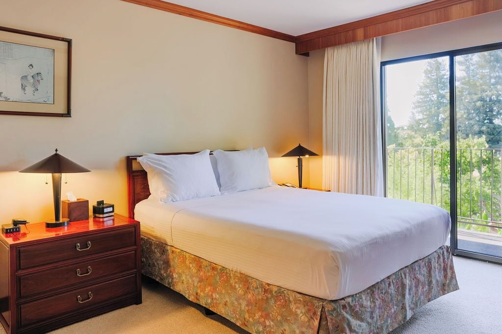 Habitación de hotel con una cama grande, dos lámparas de noche, una mesita de noche con cajones, un cuadro en la pared y vistas a zonas verdes por la ventana.
