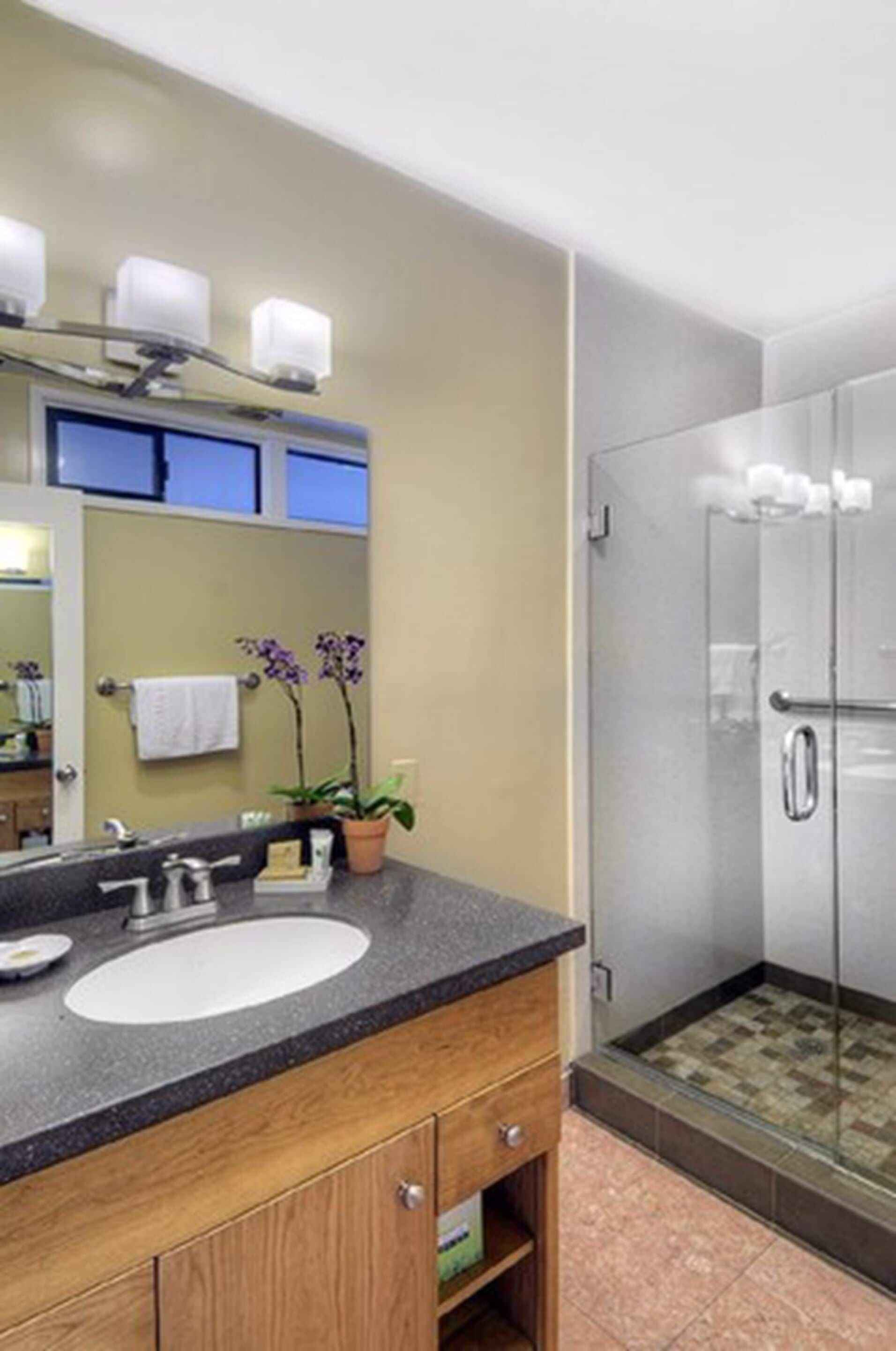 Baño con lavamanos, espejo y ducha.