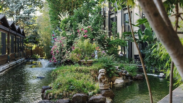 Un jardín tranquilo con un estanque, abundante vegetación y una estatua tradicional de león de piedra.