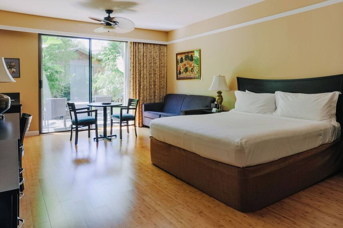A hotel room with a large bed, a desk, a chair, and a view of the outdoors through a sliding door.