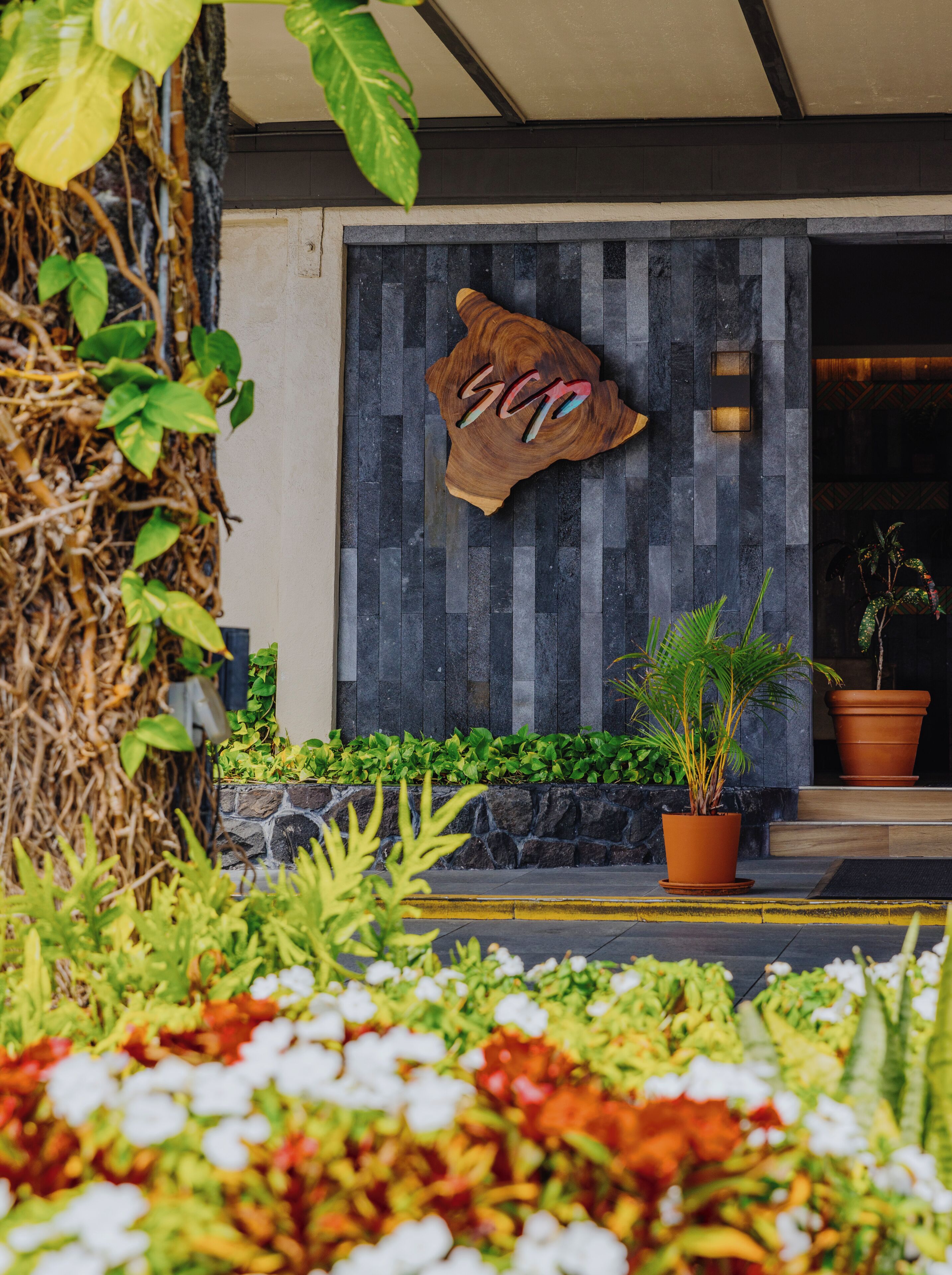 Une entrée moderne, avec un mur en pierre, une enseigne en bois, des plantes en pot et un espace aménagé en jardin.
