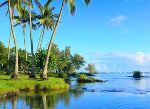 A serene coastal landscape with palm trees, a calm river, and boats in the distance.