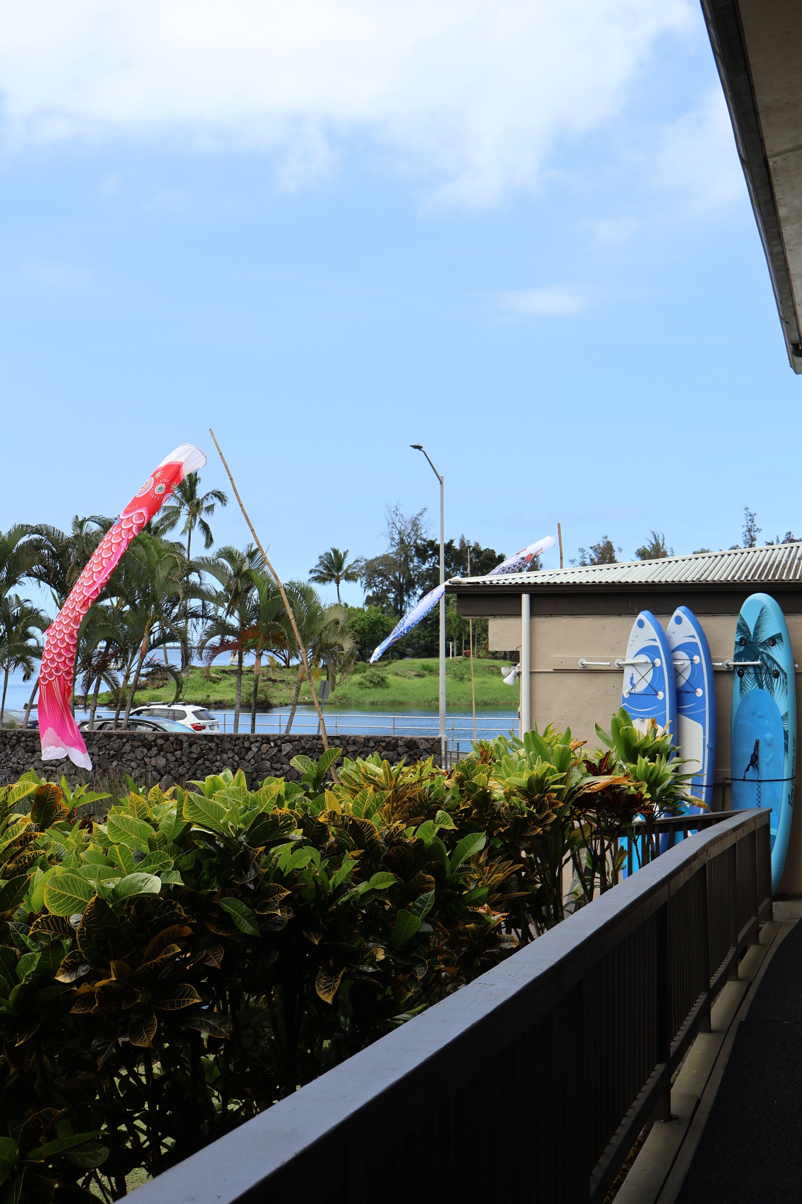 Vista costera con una gran escultura de pez, tablas de surf y un edificio de techo metálico.
