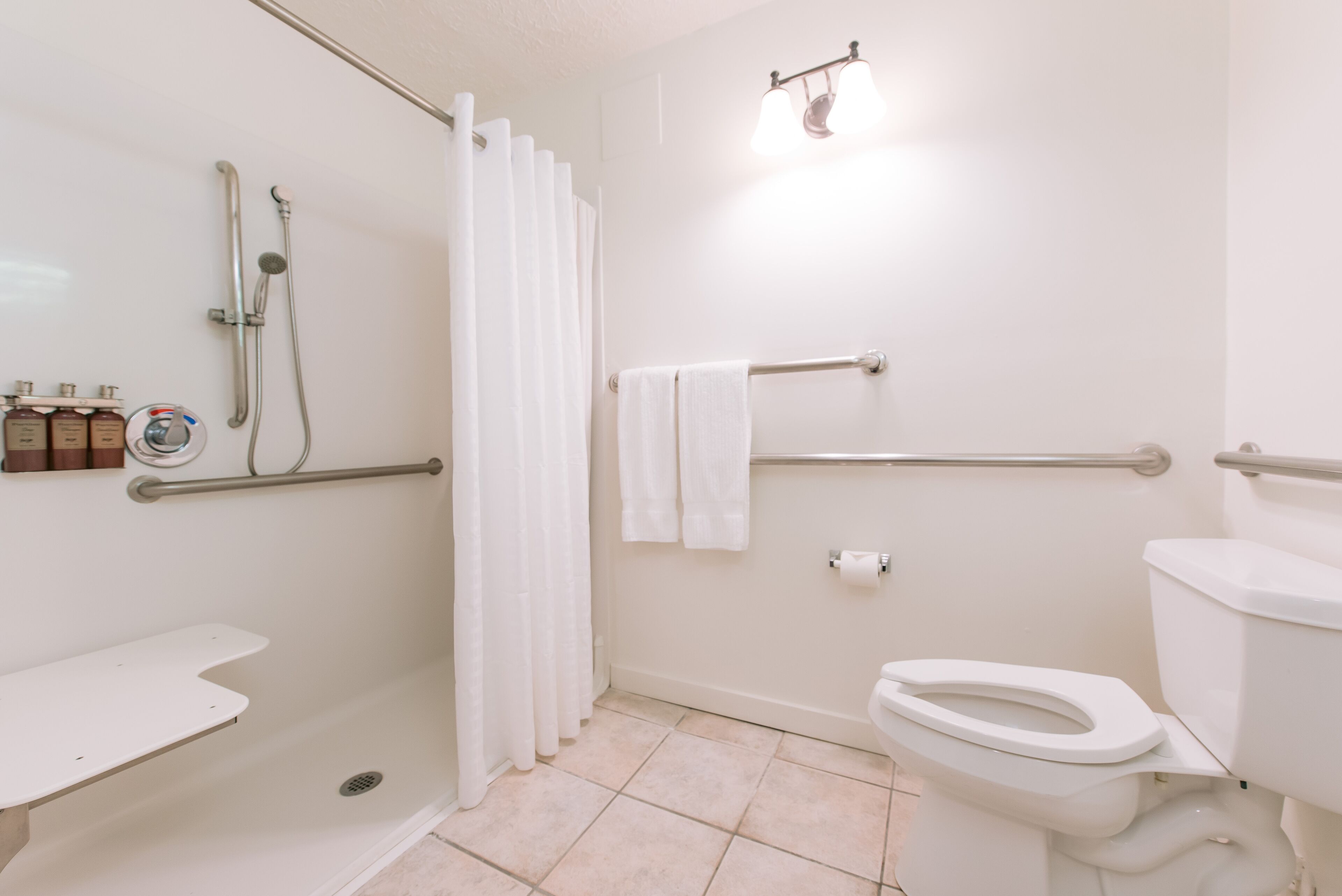Et badeværelse med bruser, toilet og gelænder.