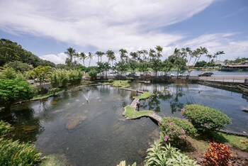 Hotel room view looking out at SCP Hilo Hotel
