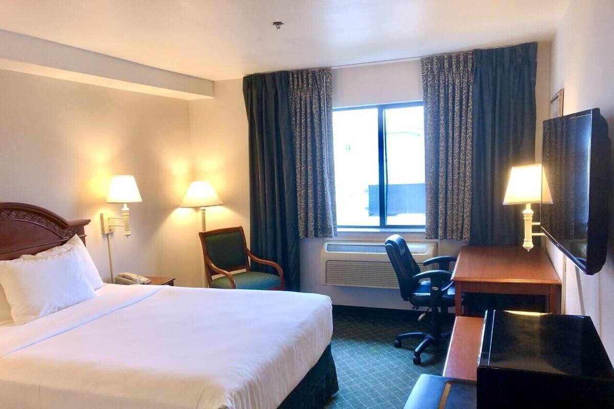 A hotel room with a bed, desk, chair, television, and a window with curtains.