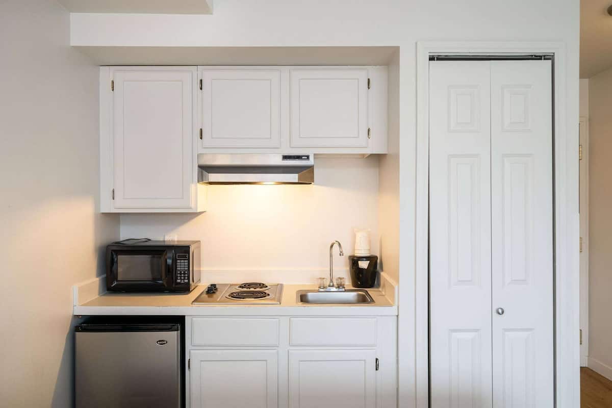 mini-fridge, microwave, coffee/tea maker