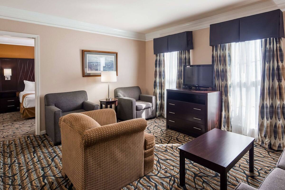 A hotel room with a bed, two armchairs, a sofa, a TV, a desk, and a patterned carpet.