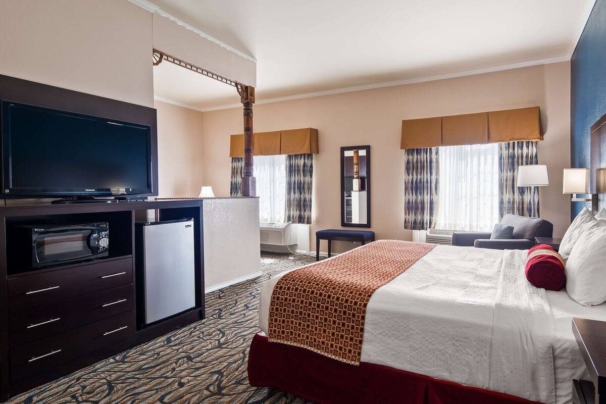 A hotel room with a bed, a desk, a television, a microwave, and a refrigerator.