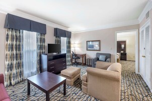 Quarto de hotel com sofá, apoio para os pés, televisão, escrivaninha, cadeira e carpete estampado.
