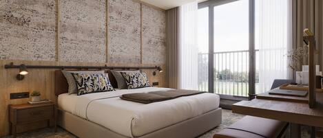 A modern bedroom with a large bed, a wooden headboard, a bedside table with a lamp, and a view of the outdoors through a large window.