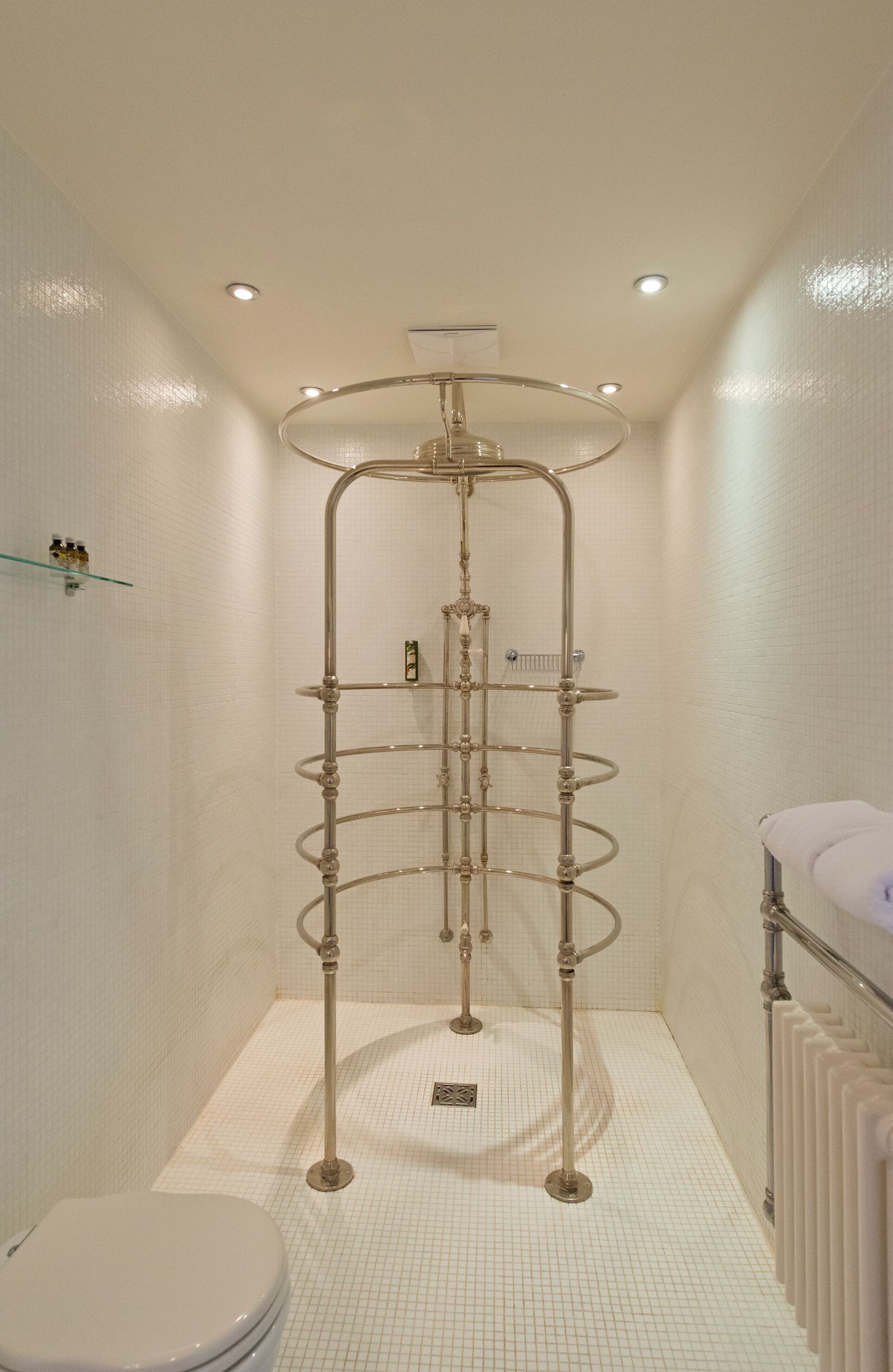 Une salle de bain moderne avec une douche à parois de verre, des toilettes et un radiateur.