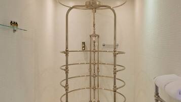 Une salle de bain moderne avec une douche à parois de verre, des toilettes et un radiateur.