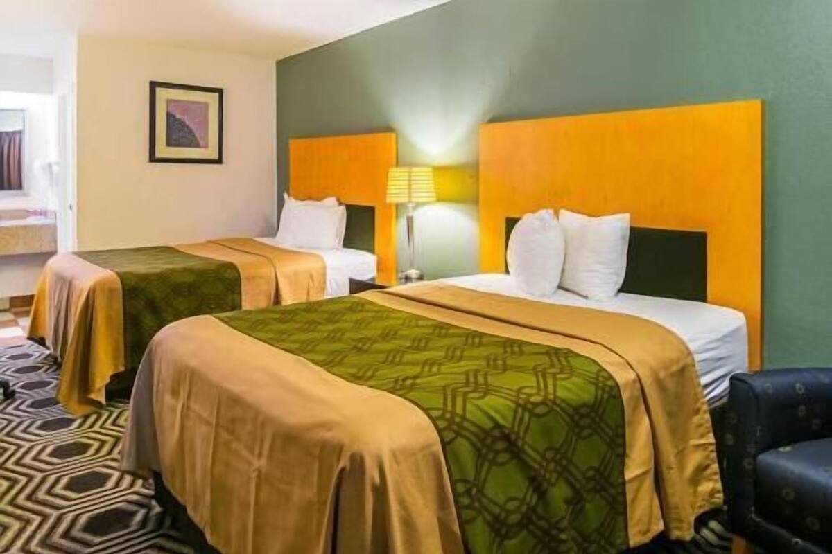 Een hotelkamer met twee bedden, elk voorzien van een bedspreide met een groen patroon en een beige deken. Tussen de bedden staat een nachtkastje met een lamp.