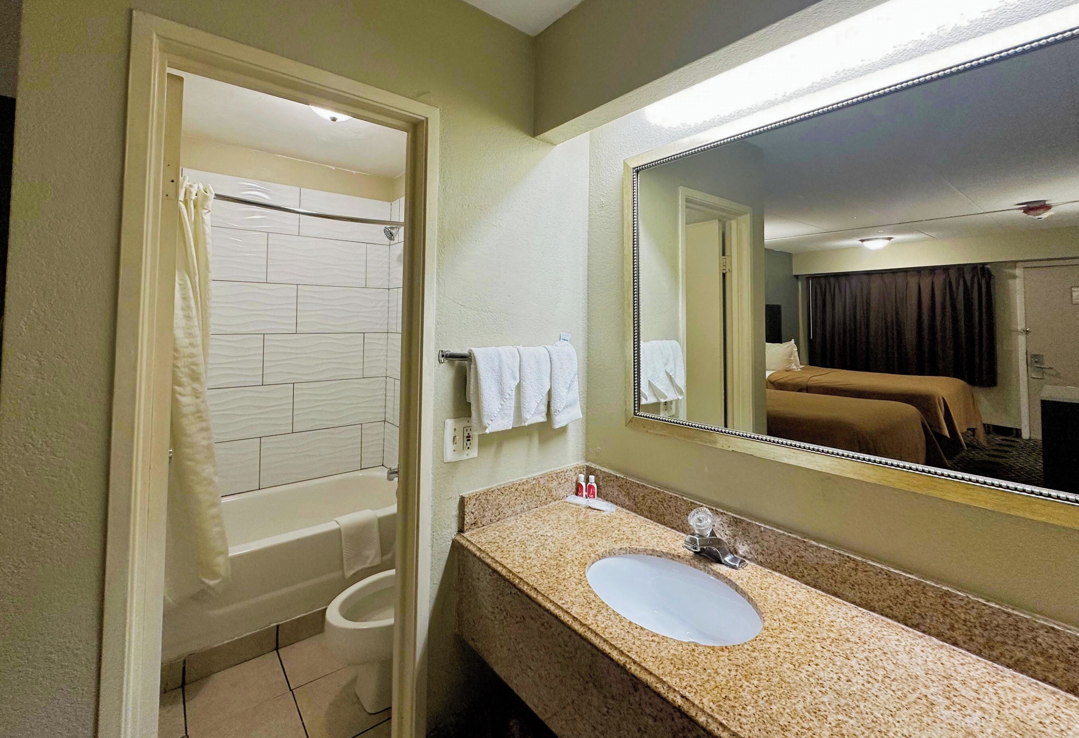 Un baño con bañera, inodoro, lavabo y un espejo grande.