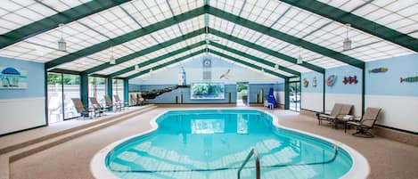 Indoor pool, open 9:00 AM to 9:00 PM, sun loungers