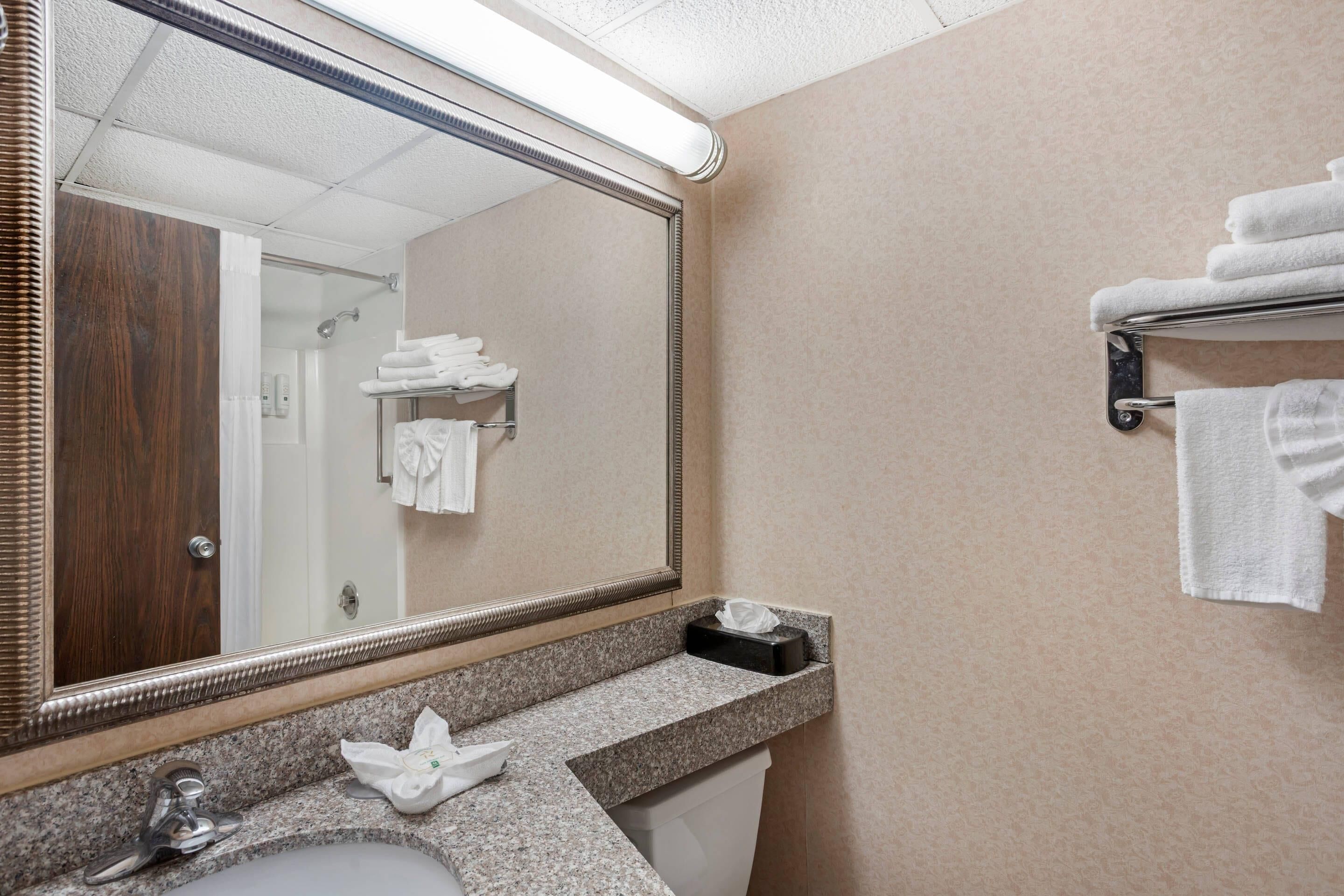A bathroom with a sink, mirror, towel rack, and a door leading to a shower.