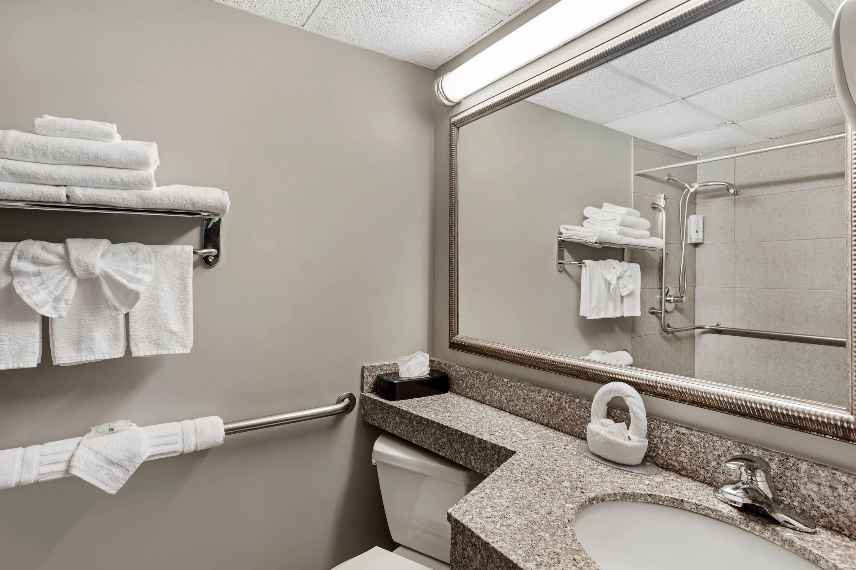 A bathroom with a sink, mirror, towel rack, and toilet.