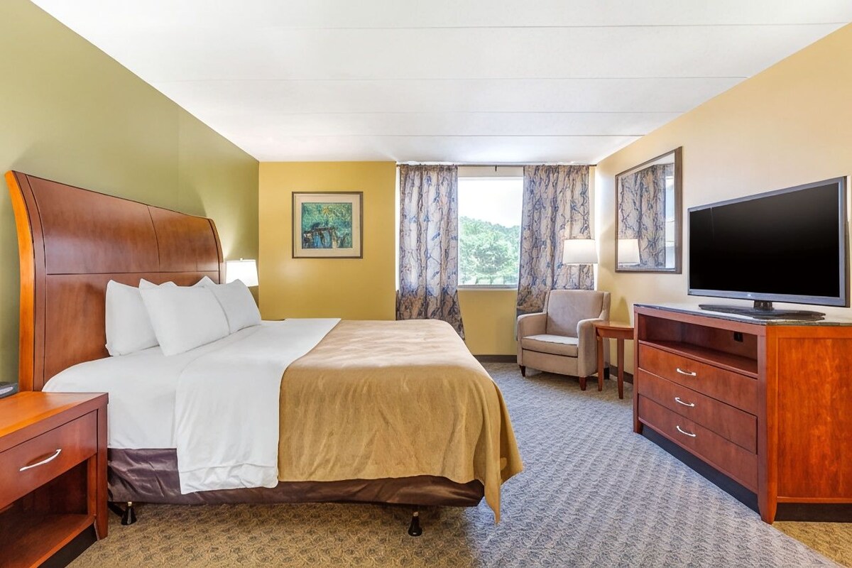 Een hotelkamer met een bed, televisie, bureau en stoel.