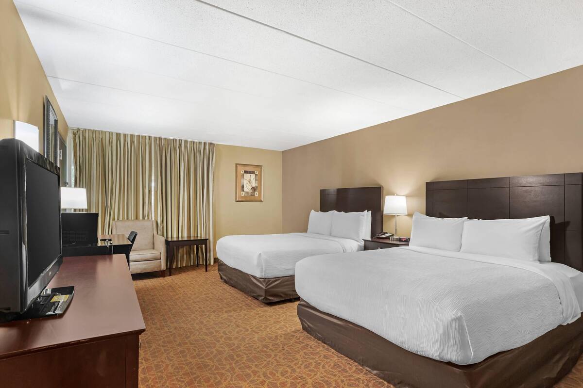 Room, 2 Queen Beds, Accessible, Non Smoking | Desk, laptop workspace, blackout curtains, iron/ironing board