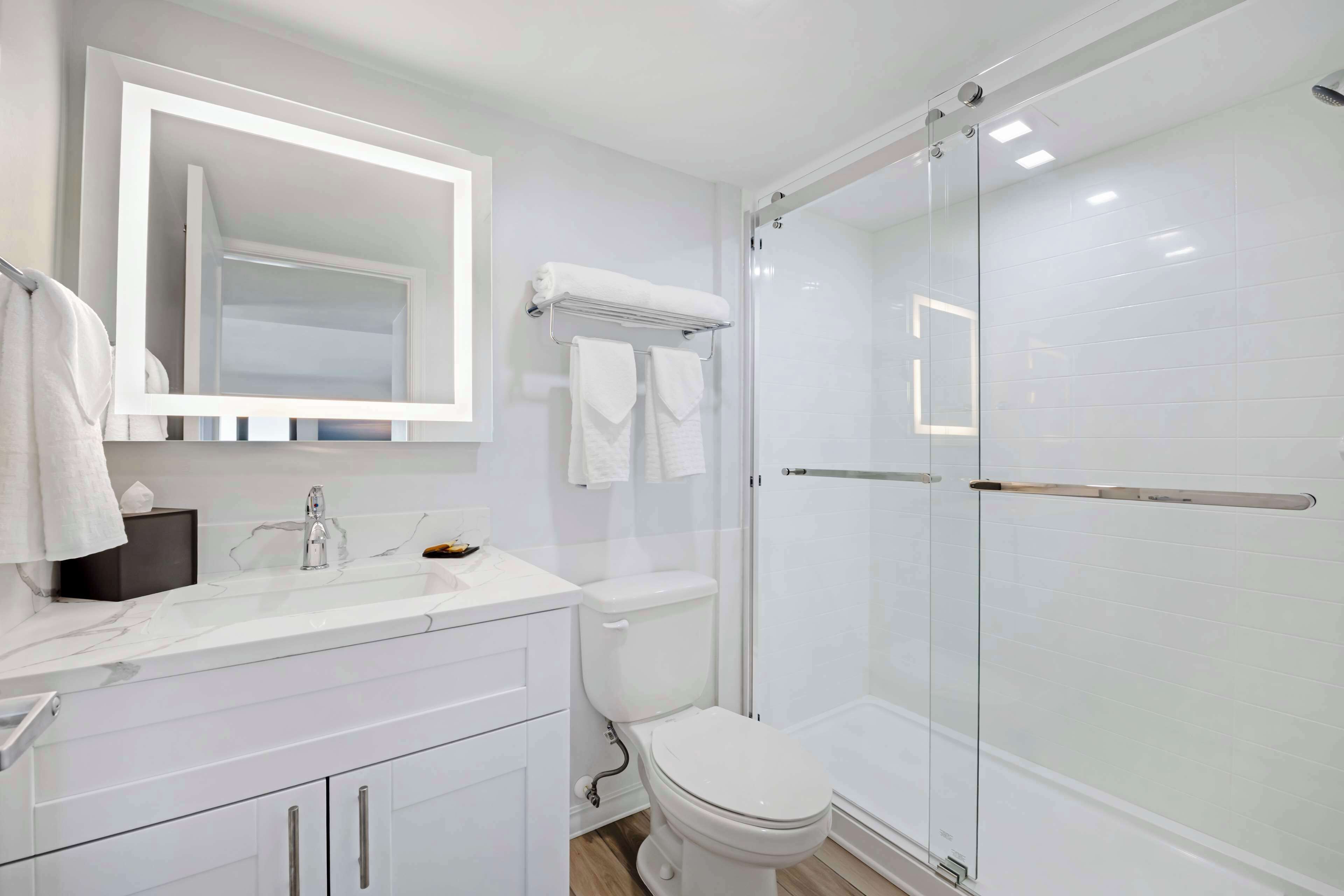 A modern bathroom with a white sink, mirror, and toilet. It includes a glass-enclosed shower area with a glass door.