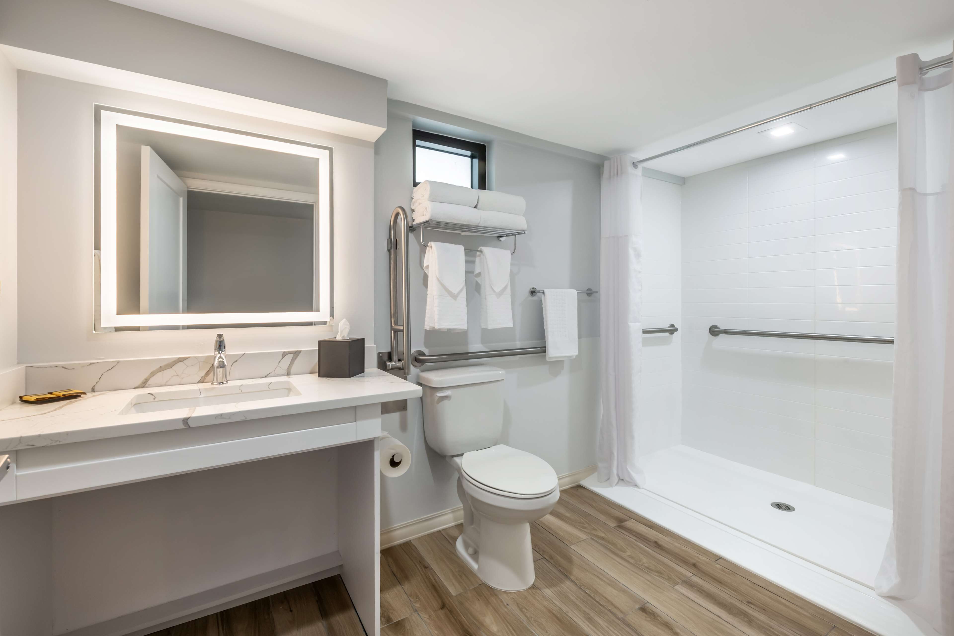 A modern bathroom with a sink, mirror, toilet, and shower.