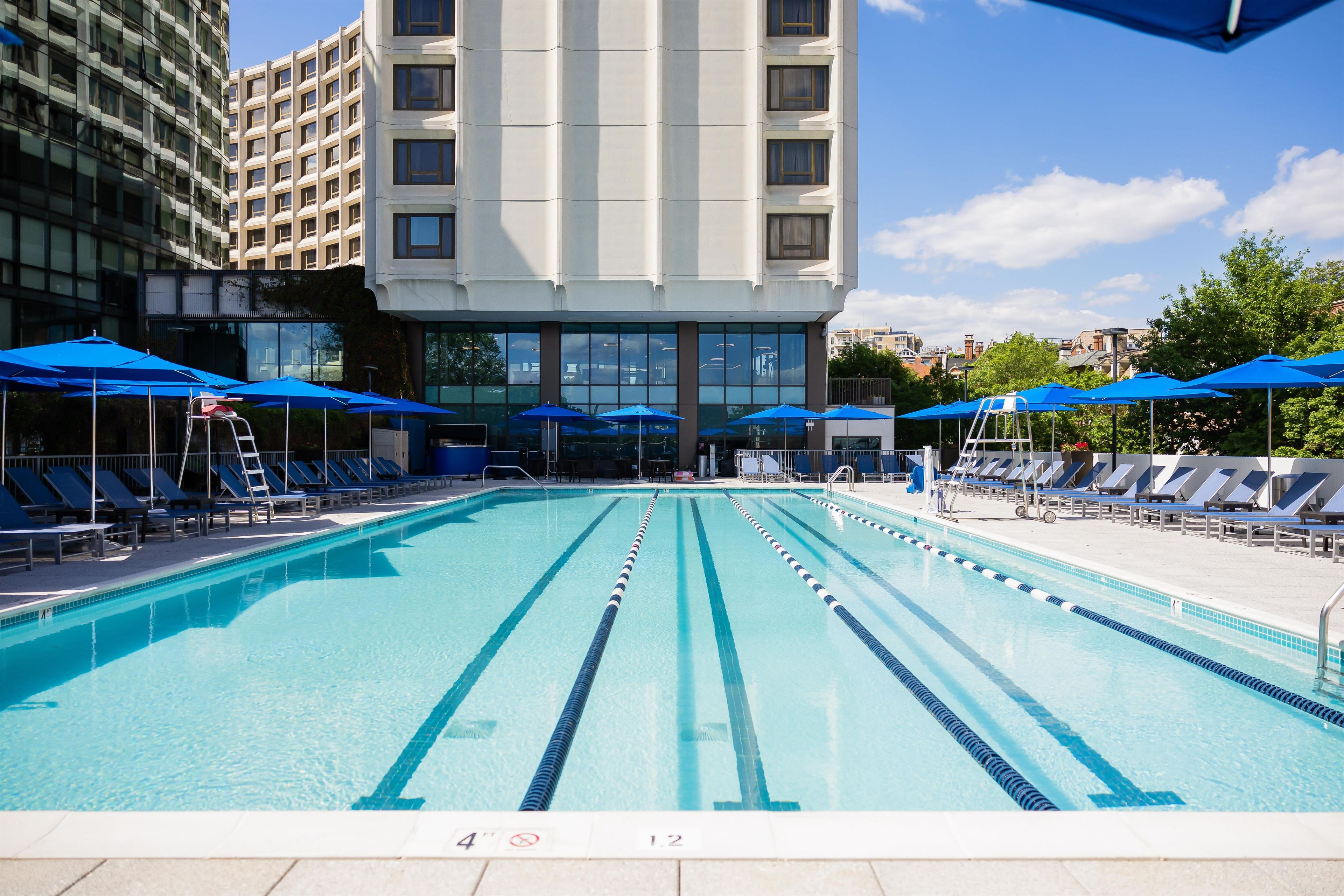 Una piscina con corsie blu, lettini e ombrelloni azzurri.