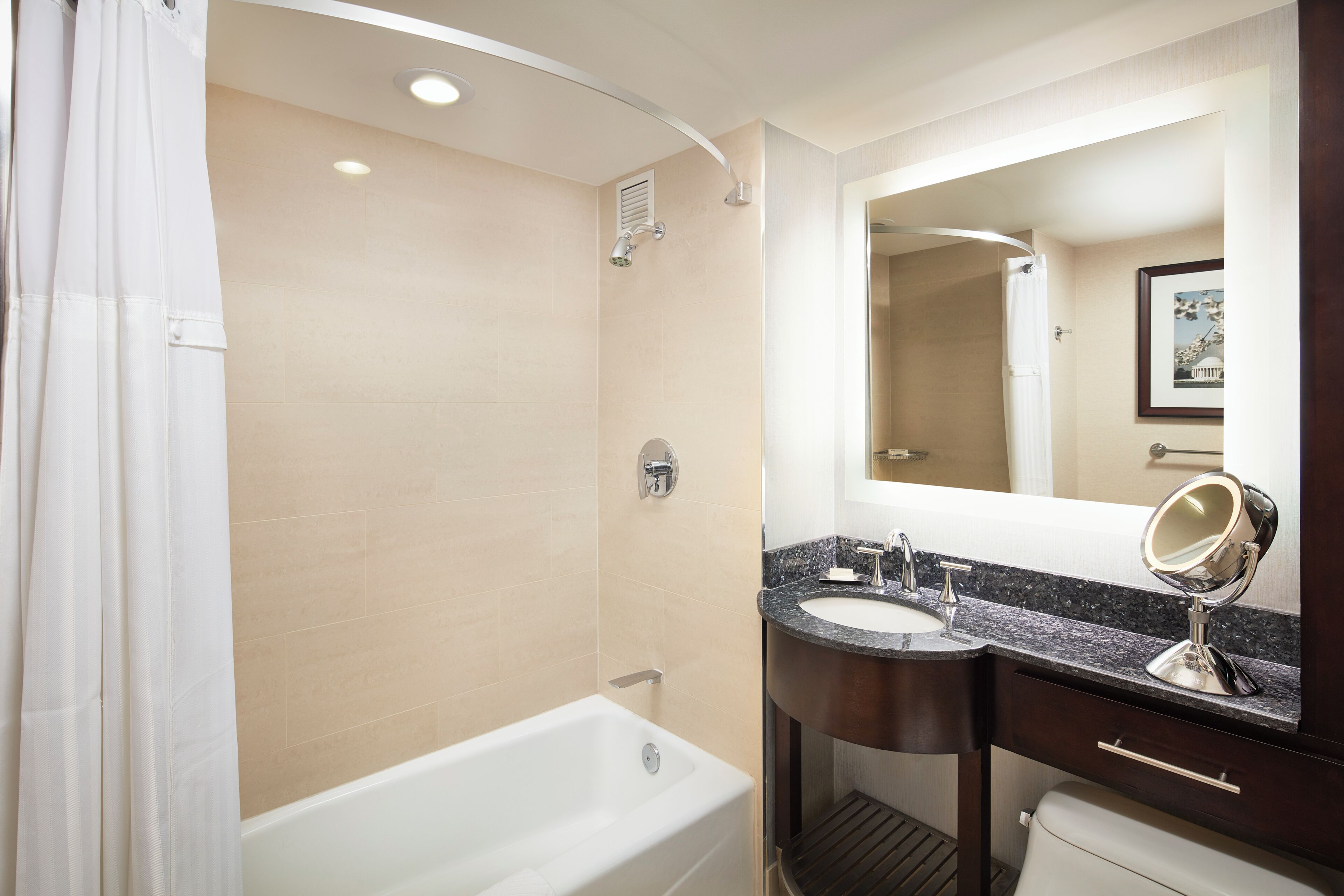 A modern bathroom with a bathtub, a shower, a vanity with a sink and mirror, and a toilet.
