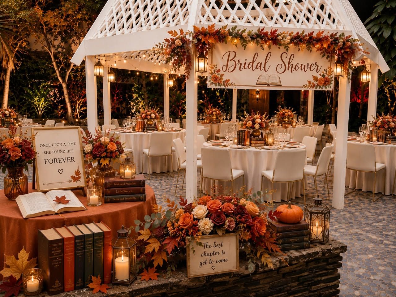 Un salón de bodas con un pabellón, mesas dispuestas para un brunch nupcial y elementos decorativos como libros y velas.