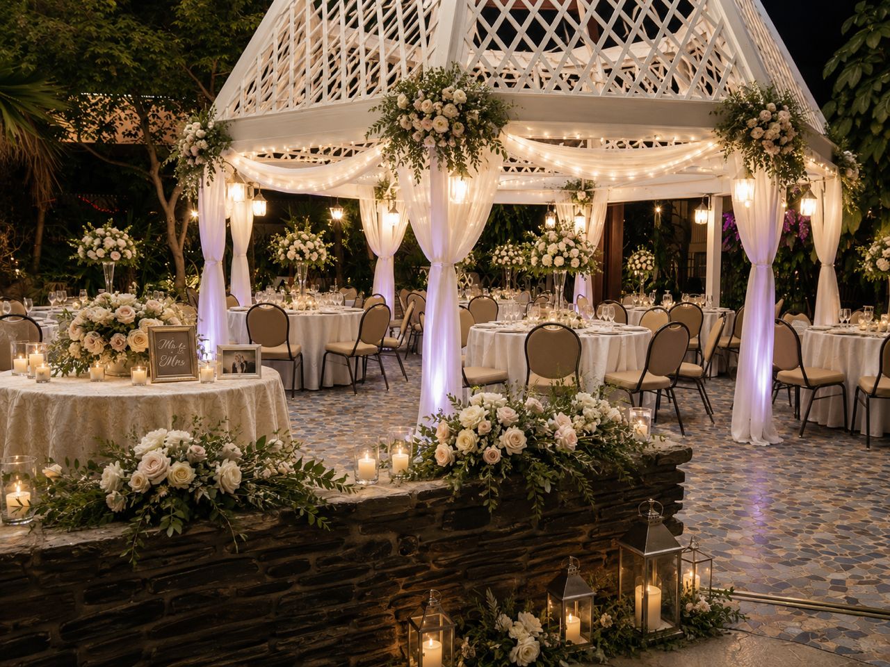 An outdoor wedding reception area with round tables, white drapery, floral arrangements, and string lights.