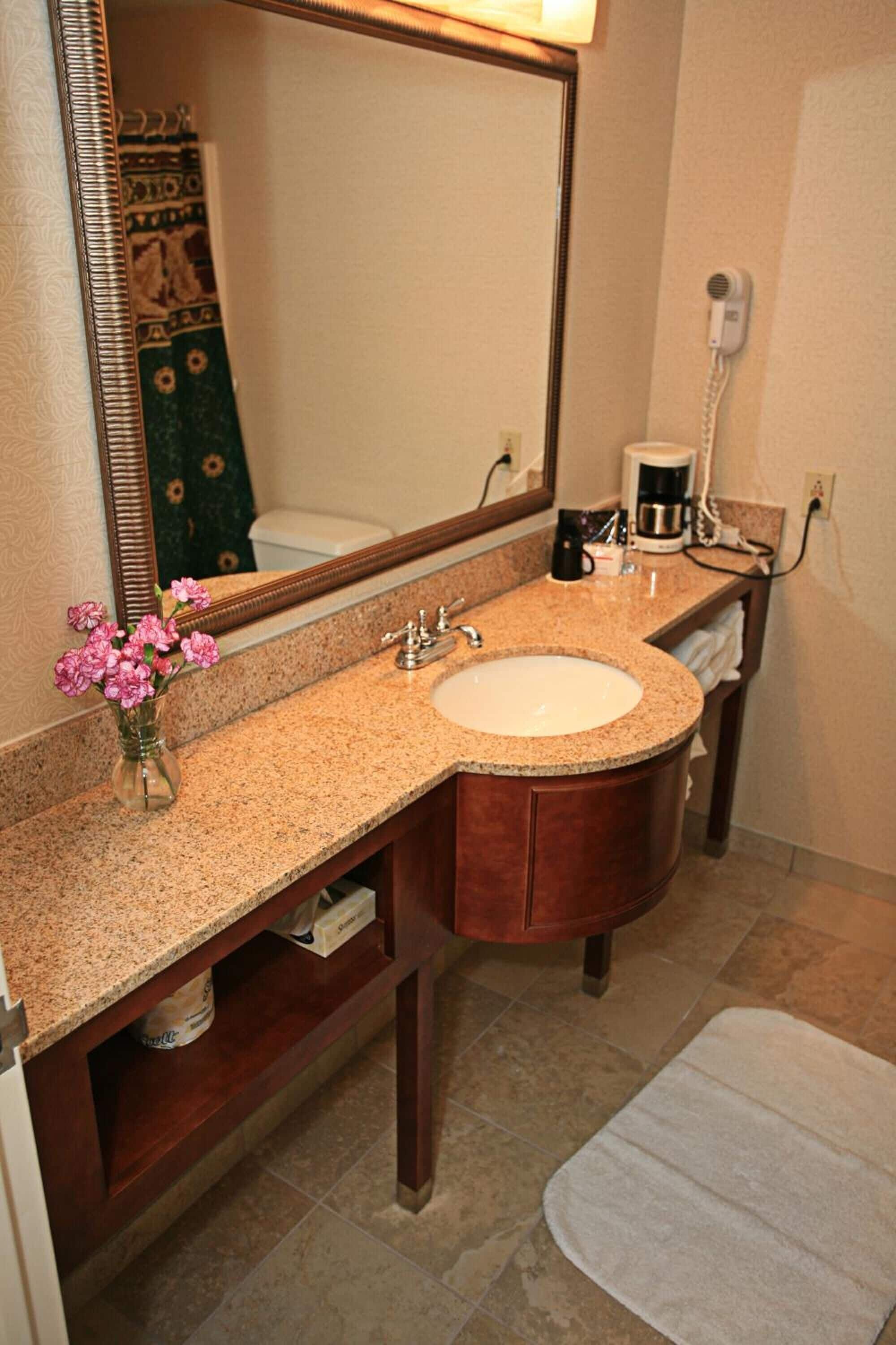 A bathroom with a granite countertop sink, a large mirror, a coffee maker, and a towel rack.
