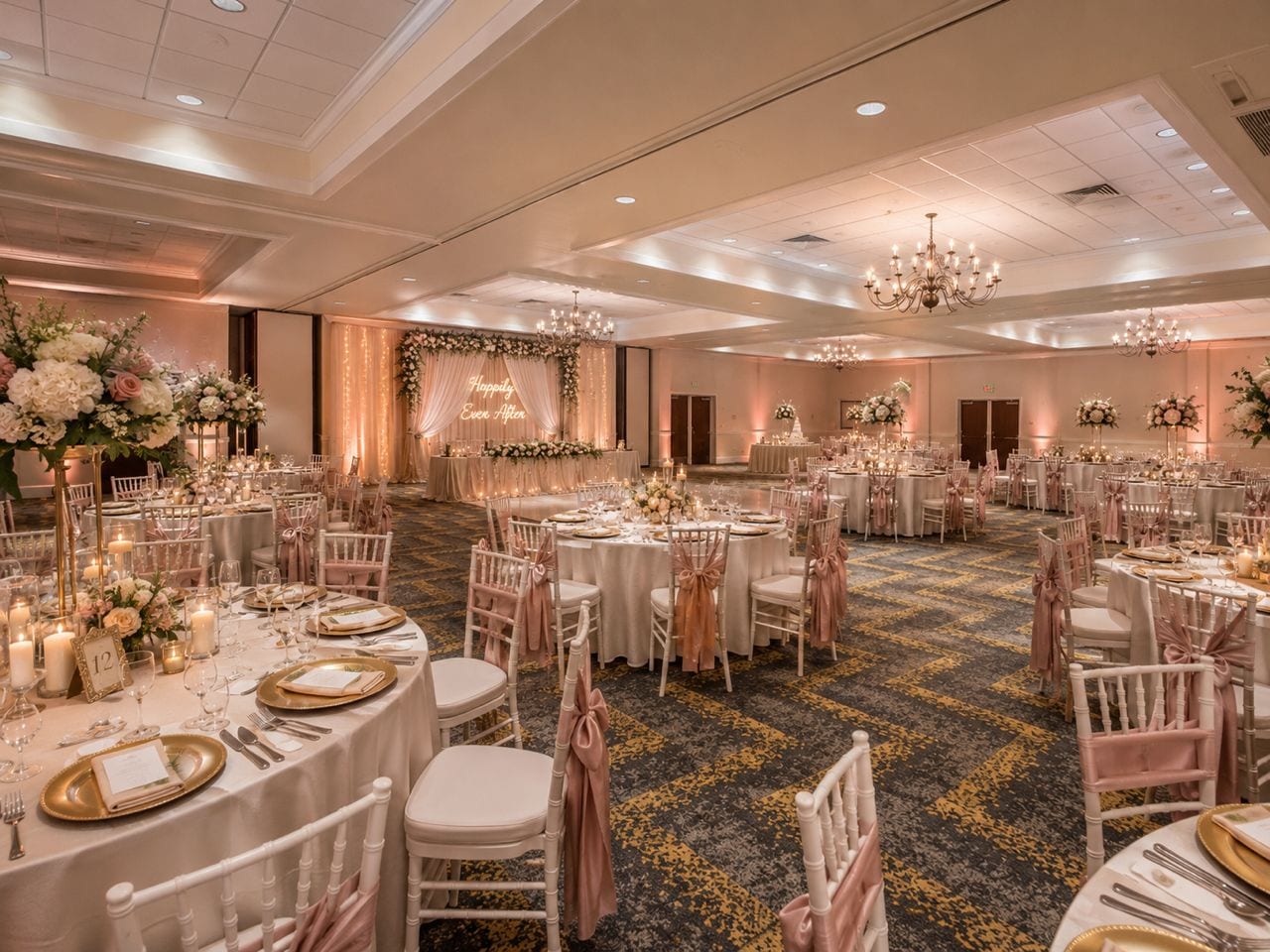 A banquet hall with round tables, chairs, and floral centerpieces.