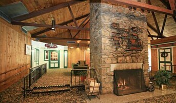 Interior rústico de una cabaña con chimenea de piedra, vigas de madera y suelo alfombrado.