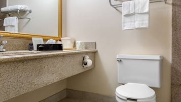 A bathroom with a granite countertop, a toilet, a towel rack, and a mirror.