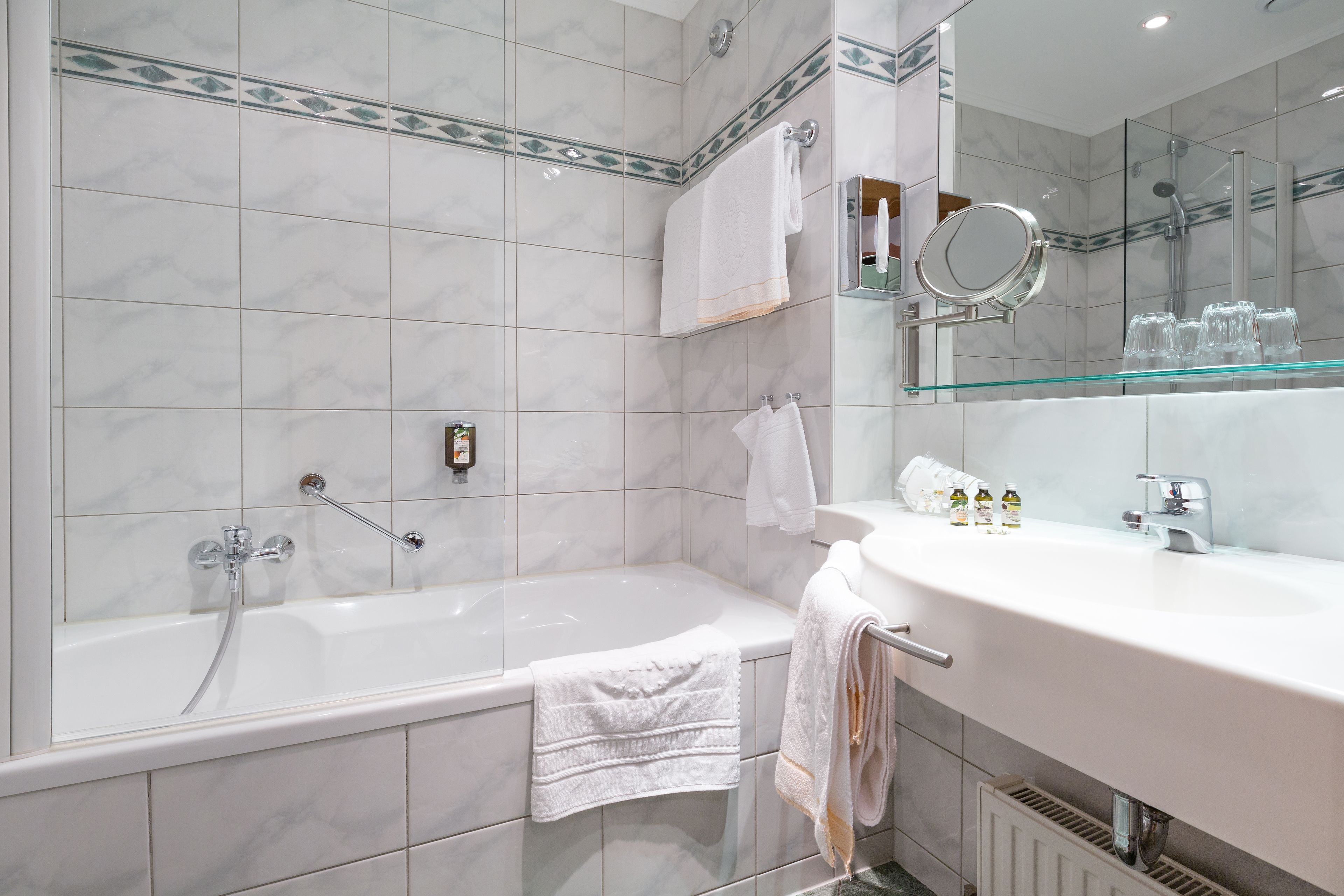 free toiletries, hair dryer, slippers, towels