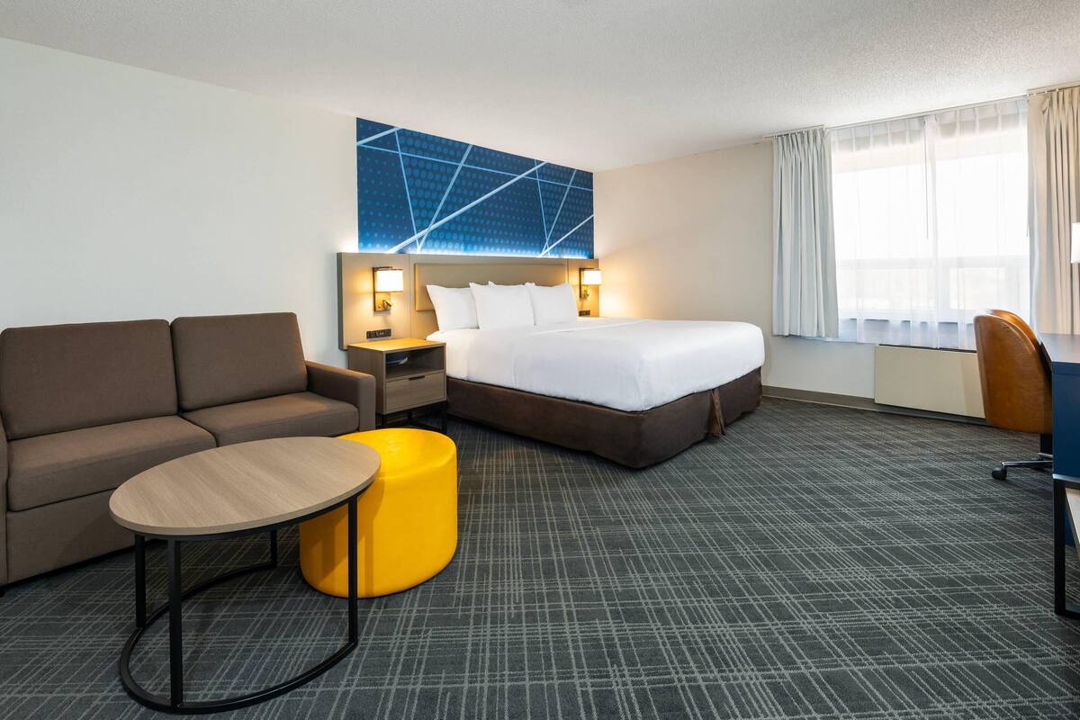 A hotel room with a bed, a sofa, a small table, a nightstand, and a chair.